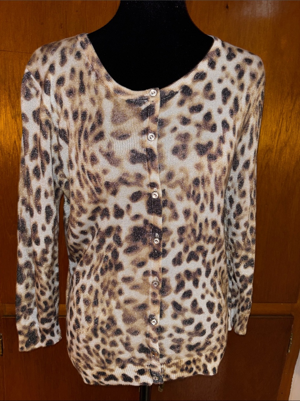 Leopard Print Button-Up Cardigan - Taupe & Brown 3/4 Sleeve SZ Large